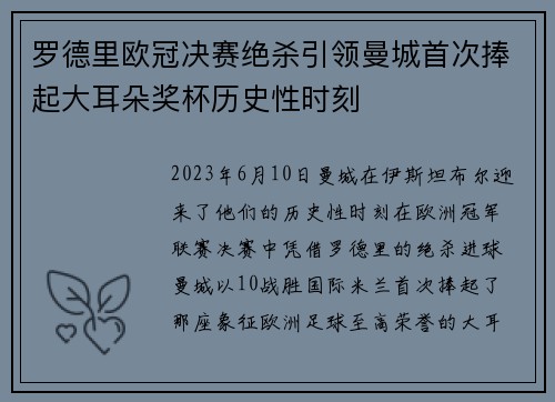 罗德里欧冠决赛绝杀引领曼城首次捧起大耳朵奖杯历史性时刻